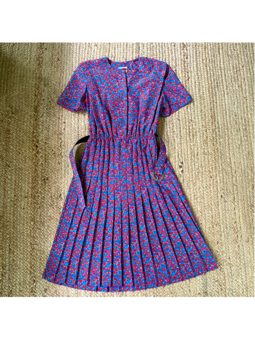 Vintage 80s Leslie Fay Red Blue Floral Pleated Dress 12P